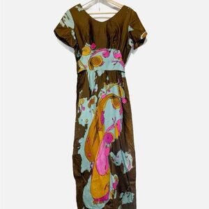 Vintage Ja-Na of Hawaii Dress Brown Floral Retro Vacation Cotton Size 10